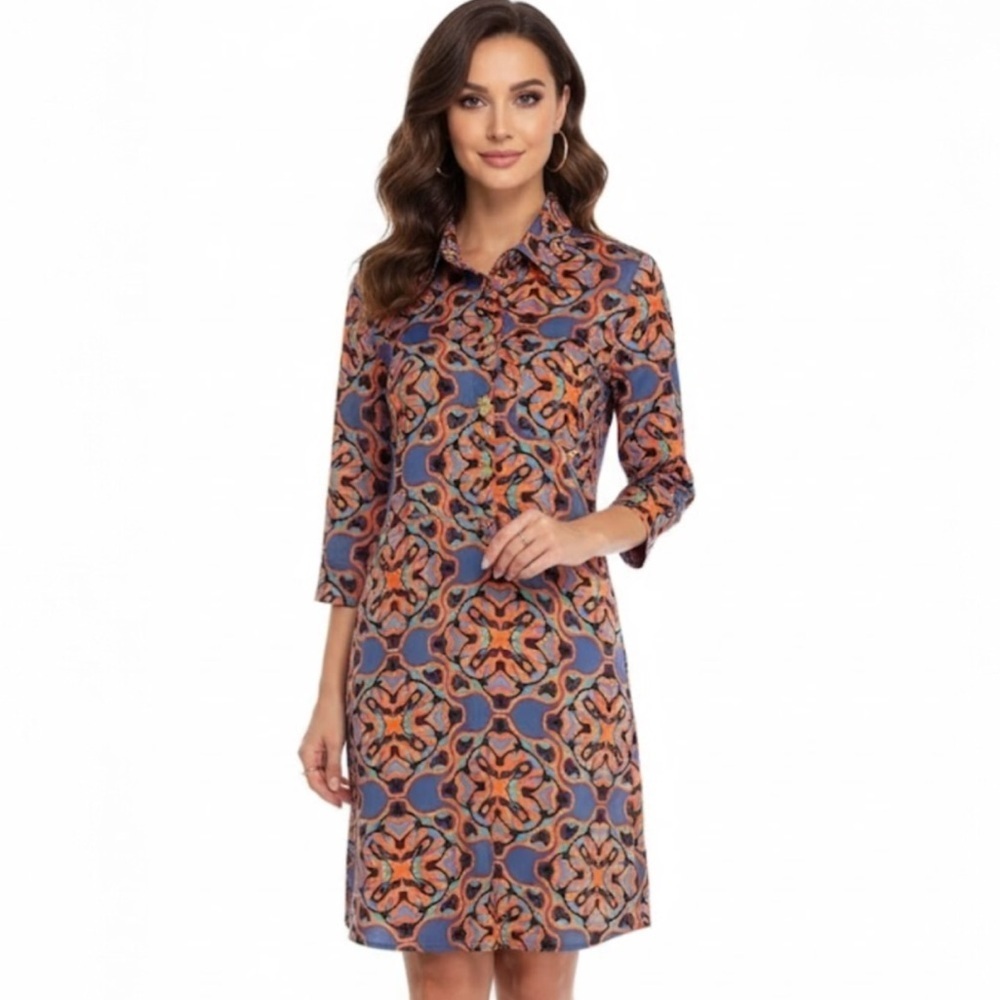 Tracy Negoshian Orange and Blue Lily 3/4 Sleeve Shift Dress Medium